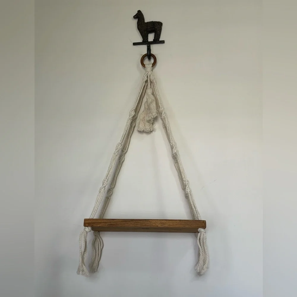 Handcrafted Cream and Wood Hanging Shelf